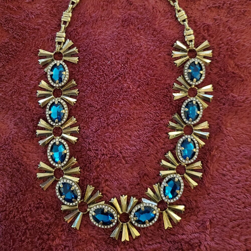 Oscar de la Renta Turquoise Blue  Crystals and Gold Metal Bow Necklace